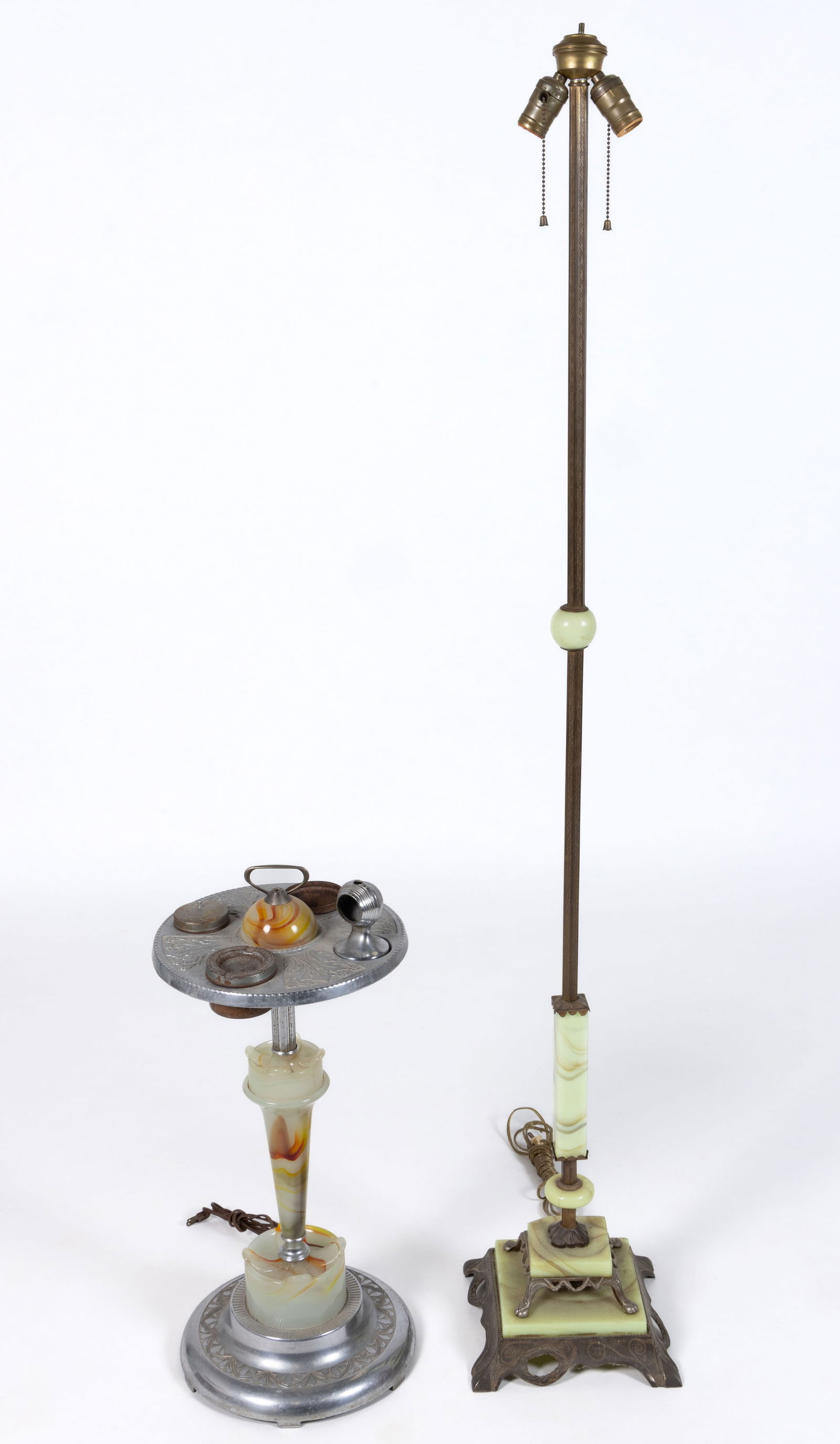 ART DECO AKRO AGATE / SLAG GLASS INSET FLOOR LAMP AND SMOKING STAND, LOT OF TWO (1 of 4)