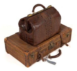 VINTAGE ALLIGATOR AND WICKER BAGS / SUITCASES, LOT OF TWO