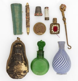 PERFUME BOTTLES AND VARIOUS LADIES' ACCESSORIES, LOT OF EIGHT