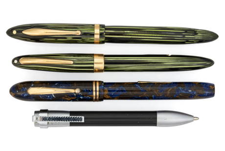 VINTAGE FOUNTAIN AND BALLPOINT PENS, LOT OF FOUR: VINTAGE FOUNTAIN AND BALLPOINT PENS, LOT OF FOUR, fountain pens comprising a Lipic blue, brown, and white marbled example, and two Sheaffer Lifetime examples with 14K gold nibs, and a Porsche Design P