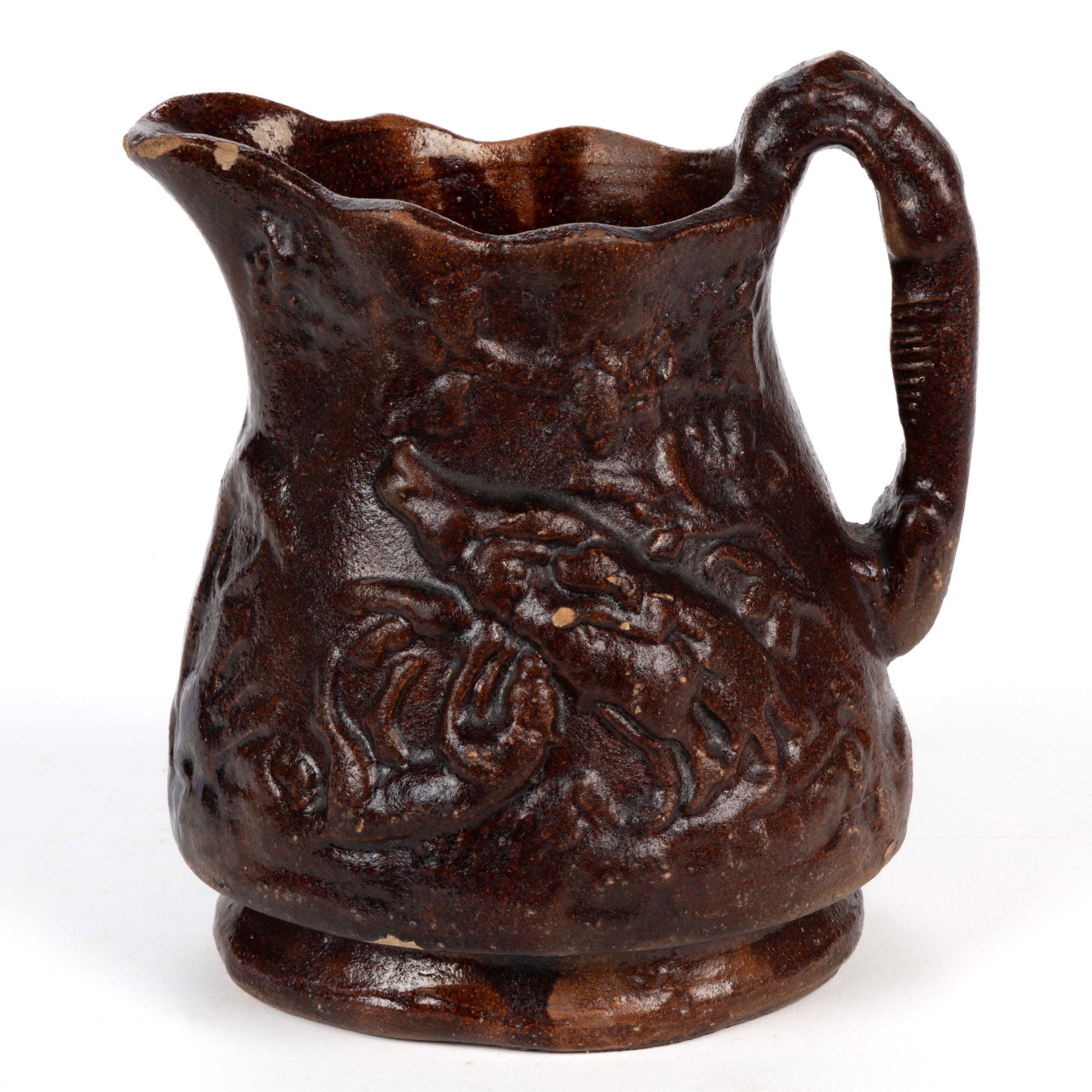 SIGNED "SOLOMON BELL / STRASBURG / VA", SHENANDOAH VALLEY OF VIRGINIA HUNT-SCENE EARTHENWARE /: SIGNED "SOLOMON BELL / STRASBURG / VA", SHENANDOAH VALLEY OF VIRGINIA HUNT-SCENE EARTHENWARE / REDWARE PITCHER, mottled reddish-brown manganese- and lead-glaze, molded scenes around the