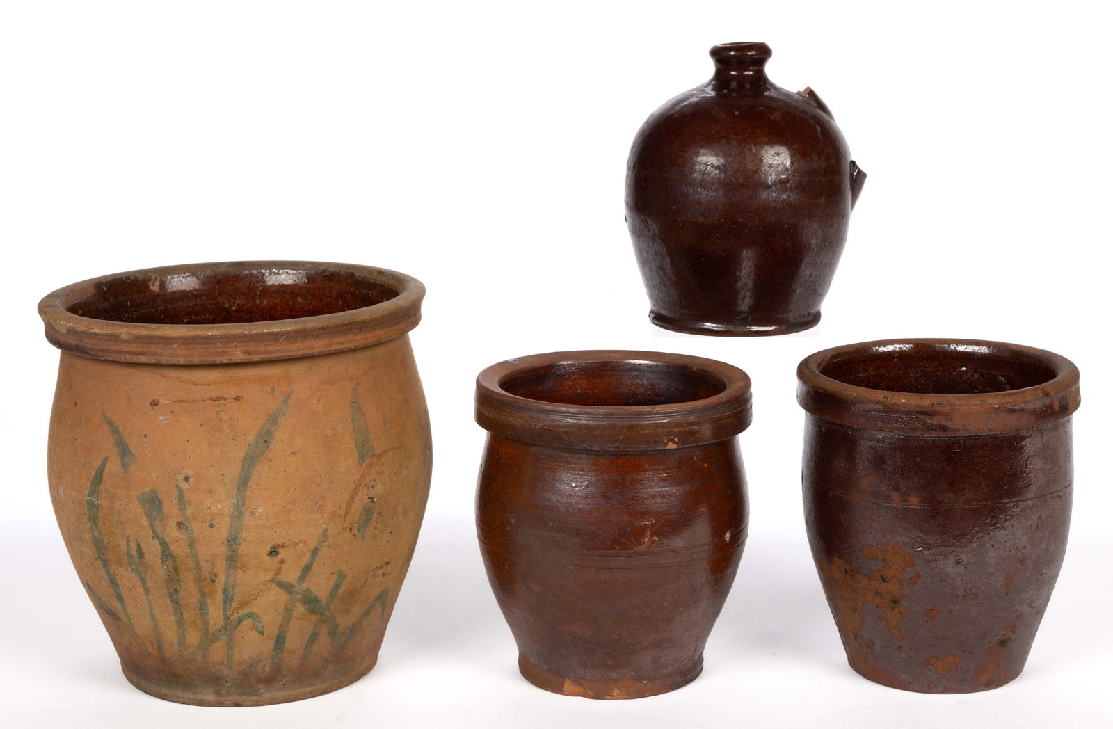 SHENANDOAH VALLEY OF VIRGINIA EARTHENWARE / REDWARE ARTICLES, LOT OF FOUR: SHENANDOAH VALLEY OF VIRGINIA EARTHENWARE / REDWARE ARTICLES, LOT OF FOUR, lead-glazed, comprising one 5 5/8" HOA ovoid-form jug, one approximately one-gallon capacity wide-mouth crock with