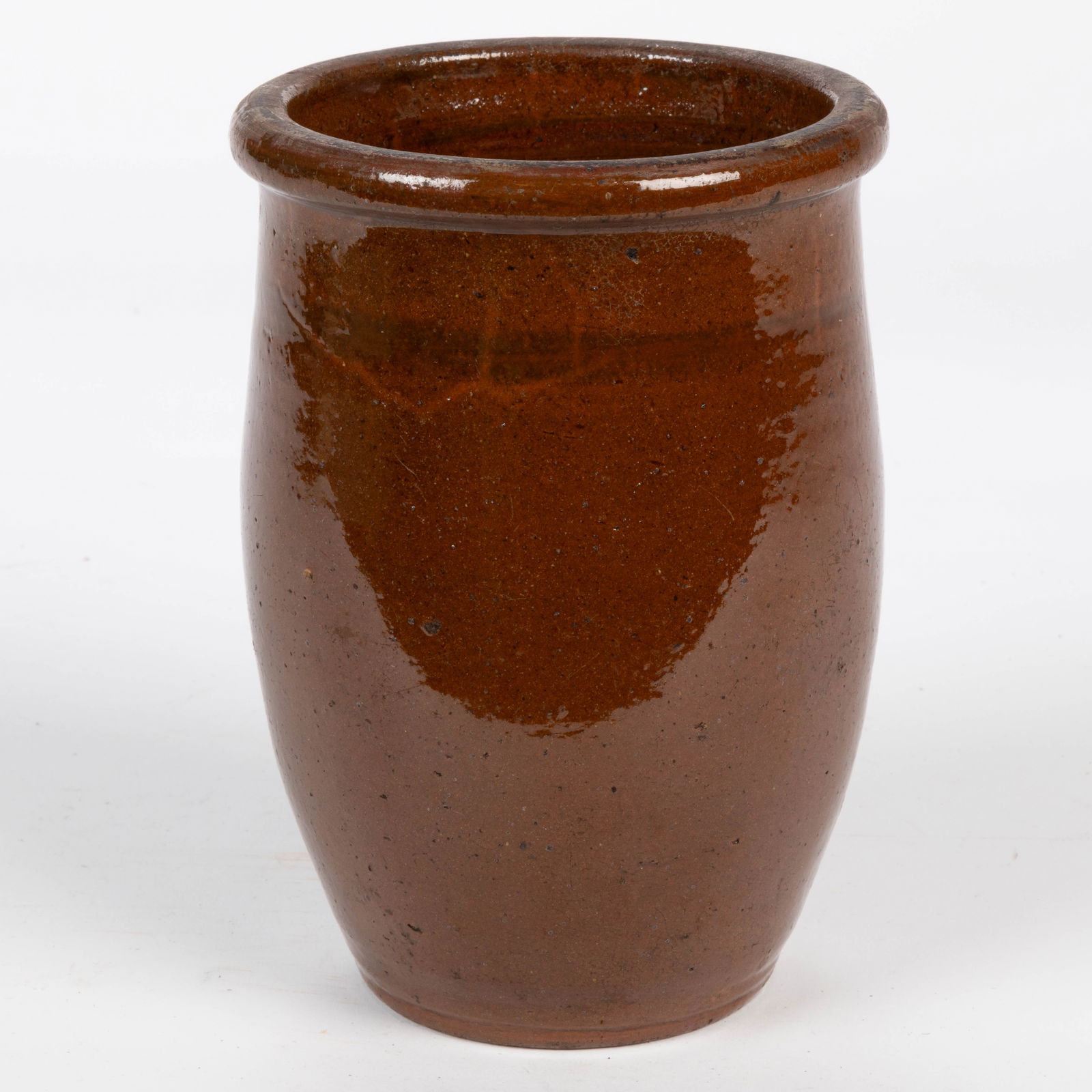 NEW MARKET, SHENANDOAH VALLEY OF VIRGINIA EARTHENWARE / REDWARE JAR: NEW MARKET, SHENANDOAH VALLEY OF VIRGINIA EARTHENWARE / REDWARE JAR, double-lead glazed with iron-oxide speckles and attractive branch-like so-called "crawling" below rim and throughout inte
