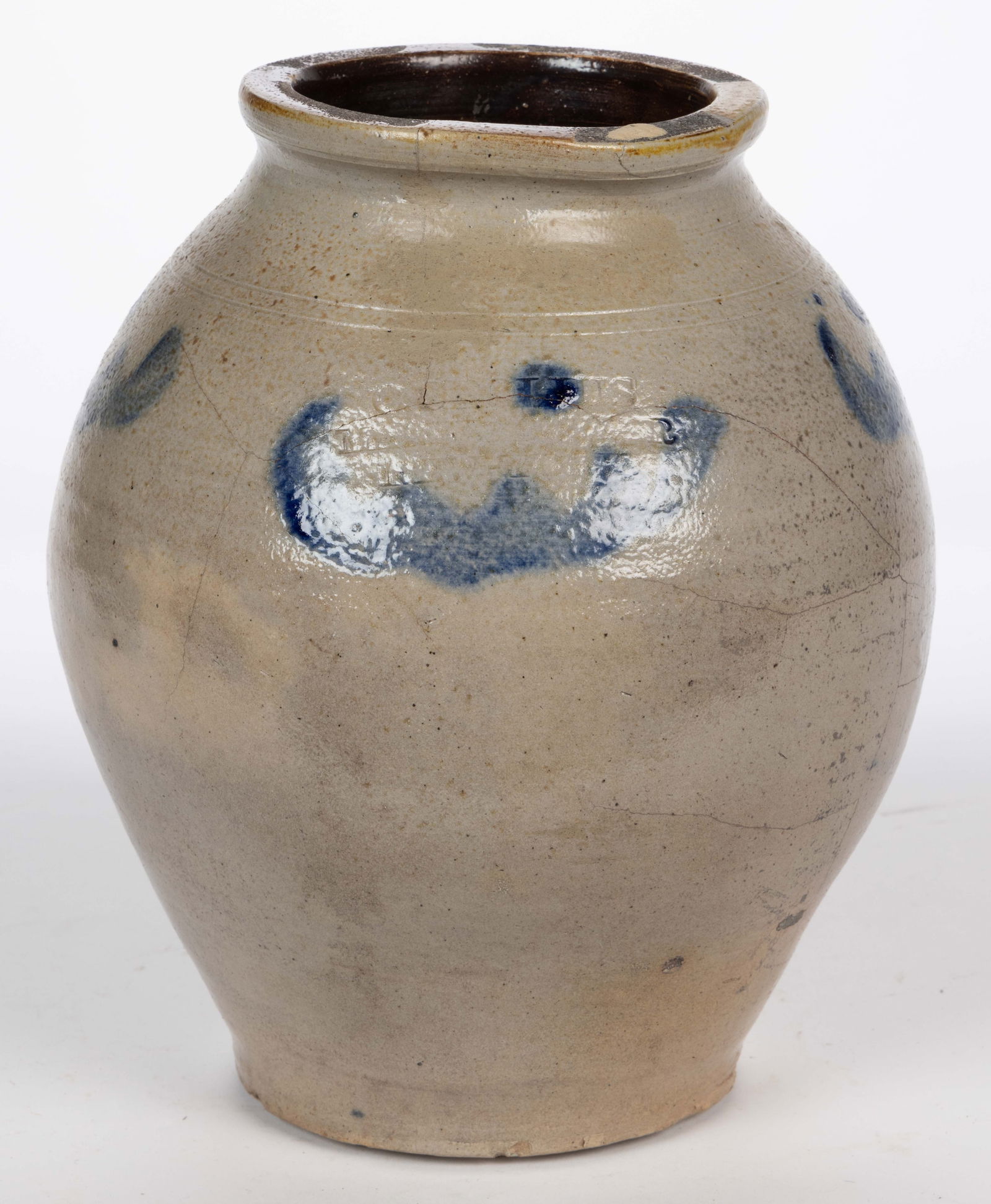 STAMPED "C. CROLIUS / MANUFACTURER / NEW YORK", DECORATED STONEWARE JAR: STAMPED "C. CROLIUS / MANUFACTURER / NEW YORK", DECORATED STONEWARE JAR, salt-glazed, approximately one-gallon capacity, bold ovoid form with squared rim, double-incised shoulder r