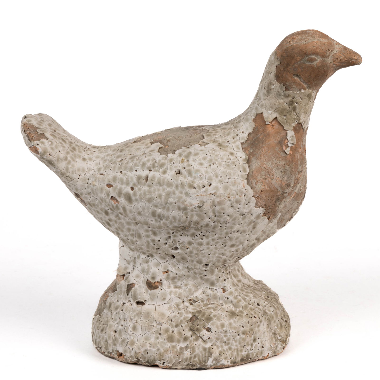 MID-ATLANTIC PRESS-MOLDED EARTHENWARE / REDWARE FIGURAL BIRD: MID-ATLANTIC PRESS-MOLDED EARTHENWARE / REDWARE FIGURAL BIRD, featuring a charming young hen standing on an ovoid base with thick white glaze. Open-bottomed. Fourth quarter 19th/early 20th centur