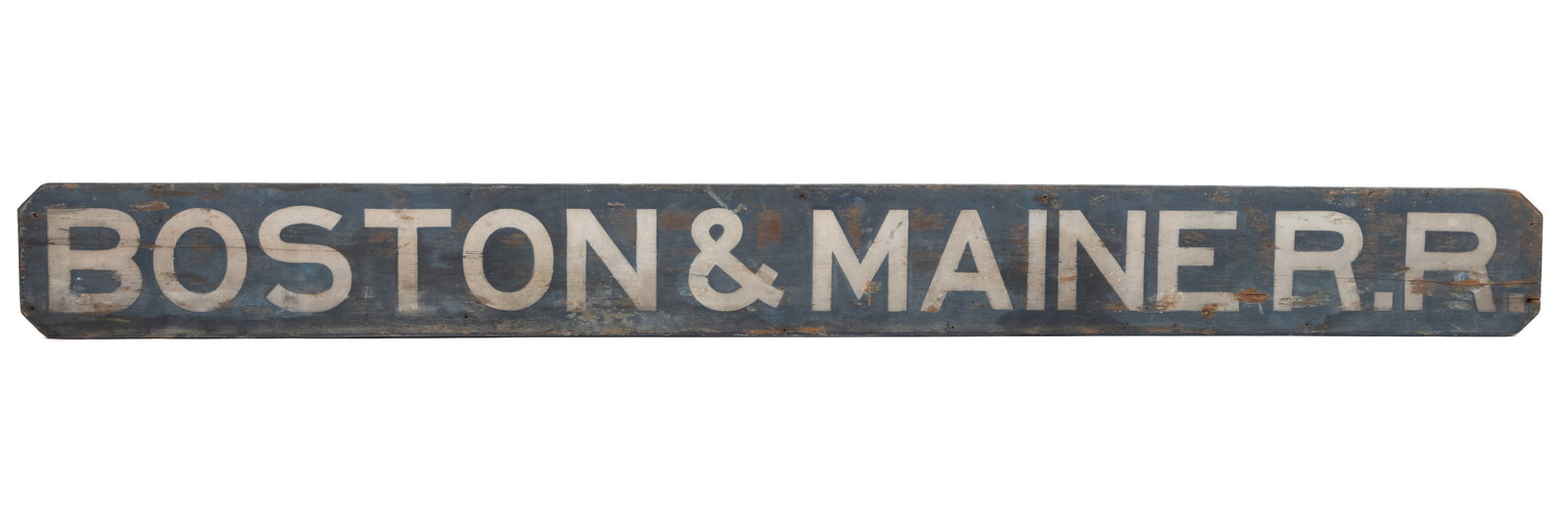 AMERICAN FOLK ART PAINTED PINE RAILROAD SIGN: AMERICAN FOLK ART PAINTED PINE RAILROAD SIGN, single-sided rectangular form, marked "BOSTON & MAINE R. R." in bold white lettering against a dark blue ground. Late 19th/early 20th centur