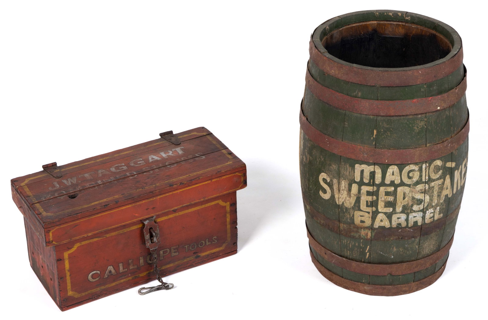 AMERICAN FOLK ART PAINTED CARNIVAL ARTICLES, LOT OF TWO: AMERICAN FOLK ART PAINTED CARNIVAL ARTICLES, LOT OF TWO, comprising a painted stave-and-hoop barrel marked "MAGIC / SWEEPSTAKES / BARREL" and a tool box marked "J. W. TAGGART / COMBINED