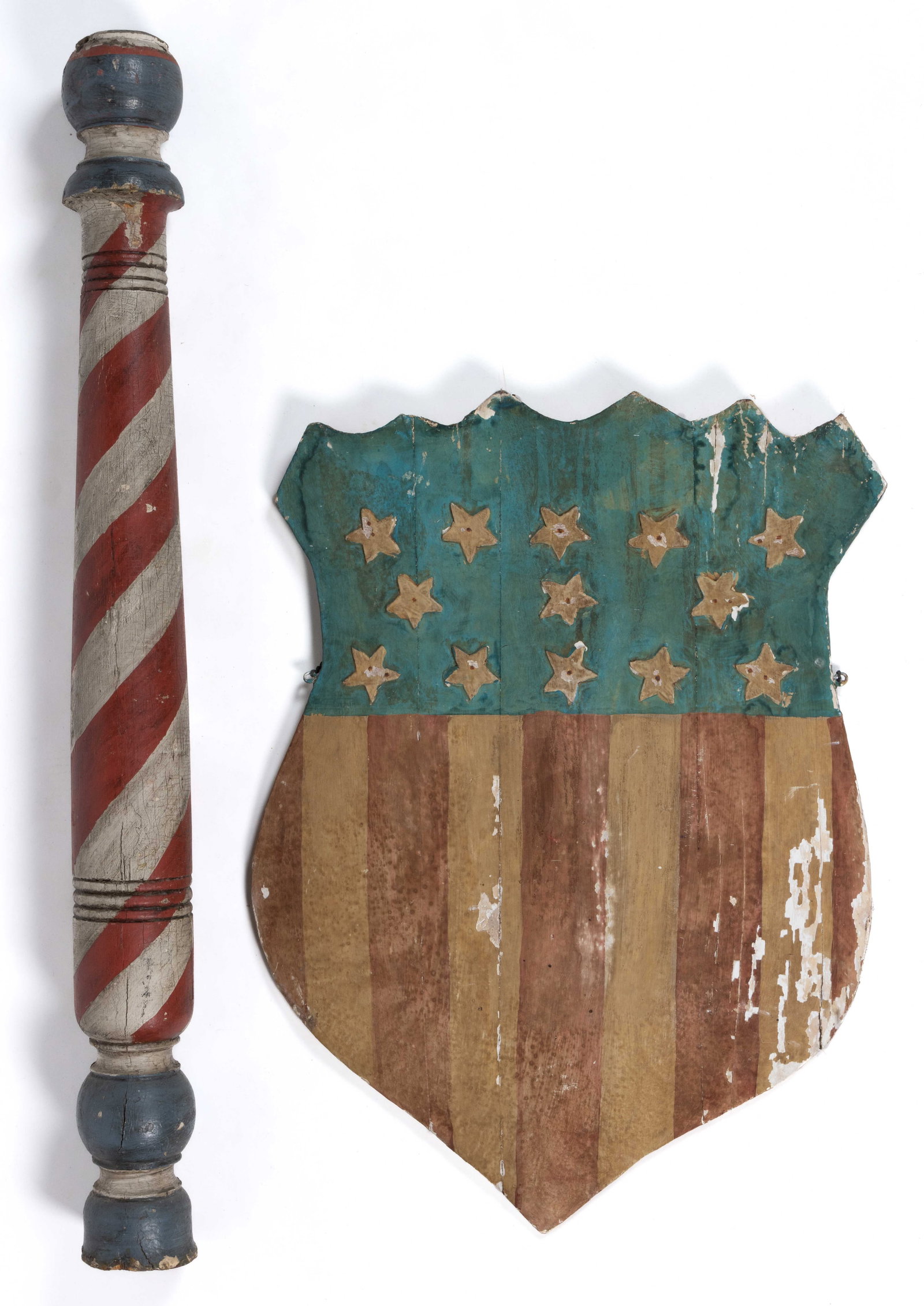 AMERICAN TURNED AND PAINTED WOODEN BARBER POLE: AMERICAN TURNED AND PAINTED WOODEN BARBER POLE, of tall narrow form with turned finials at each end, retaining a later red, white, and blue painted surface, possibly made from a porch post or similar 