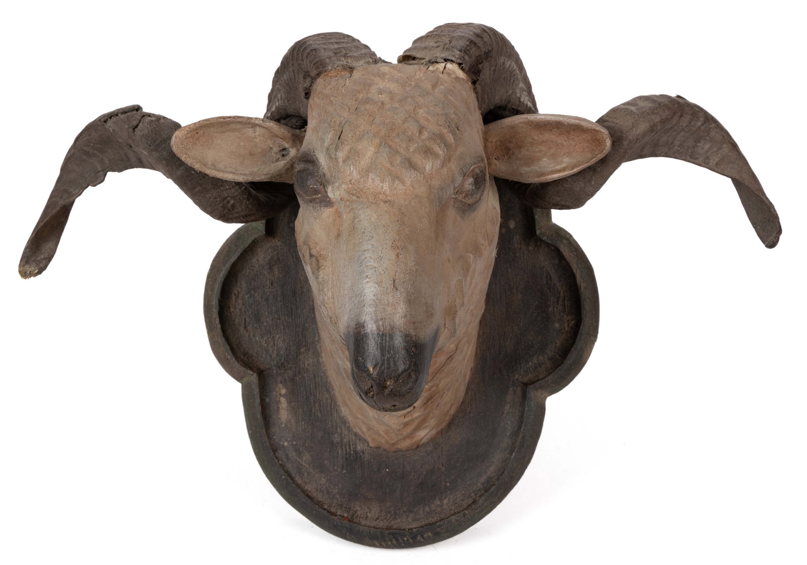 AMERICAN FOLK ART CARVED AND PAINT-DECORATED WOODEN RAM'S HEAD: AMERICAN FOLK ART CARVED AND PAINT-DECORATED WOODEN RAM'S HEAD, in the manner of Henry Leach, of the solid, the realistic carved male sheep’s head with applied natural horns, the whole 