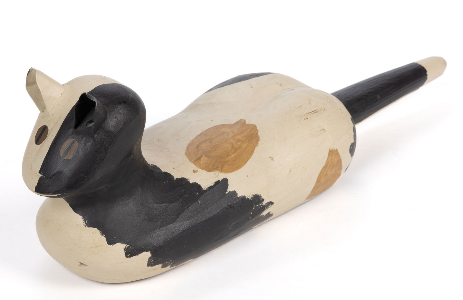 CHARLES SPIRON (VIRGINIA, B. 1948) FOLK ART CARVED AND PAINTED CAT: CHARLES SPIRON (VIRGINIA, B. 1948) FOLK ART CARVED AND PAINTED CAT, full-figure, constructed of carved wood with bent sheet-metal ears, paint-decorated in a tri-color design. Branded, signed,&nbs