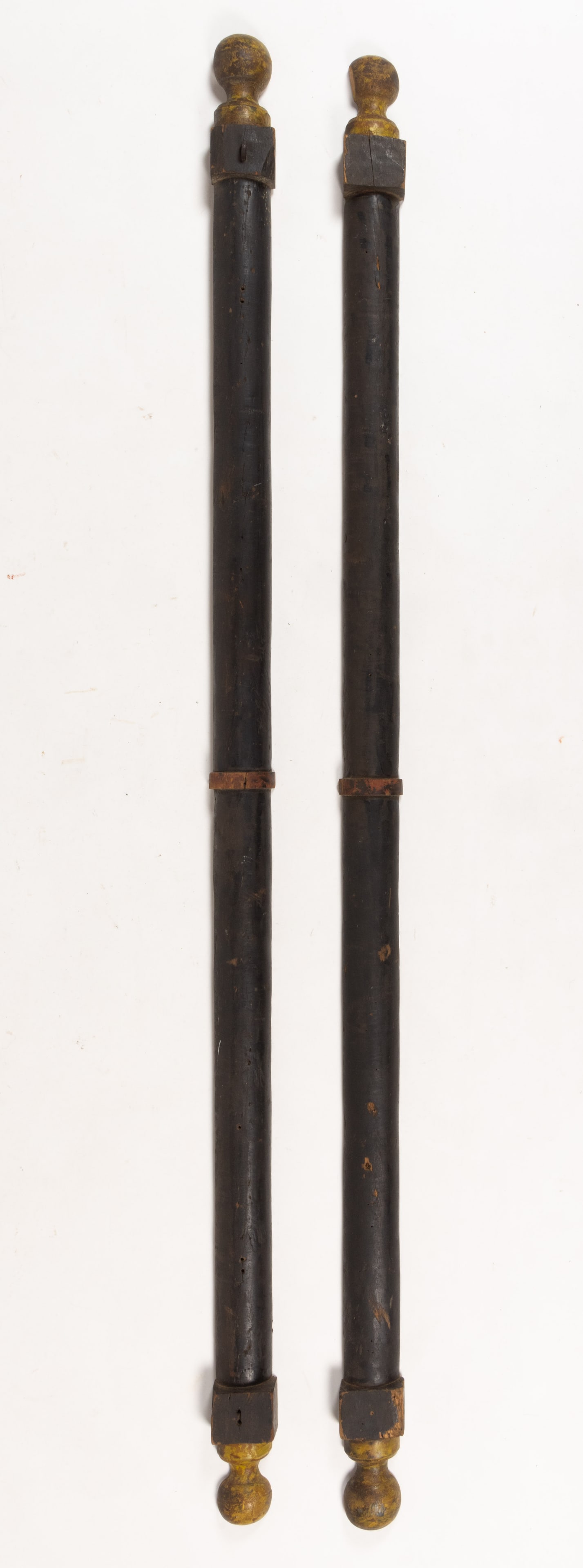 AMERICAN PAINTED AND TURNED WOOD ARCHITECTURAL HALF COLUMNS, PAIR: AMERICAN PAINTED AND TURNED WOOD ARCHITECTURAL HALF COLUMNS, PAIR, each featuring a ball-form finial supported on a block at each end. Retains an old yellow- and black-painted surfaces. Second ha