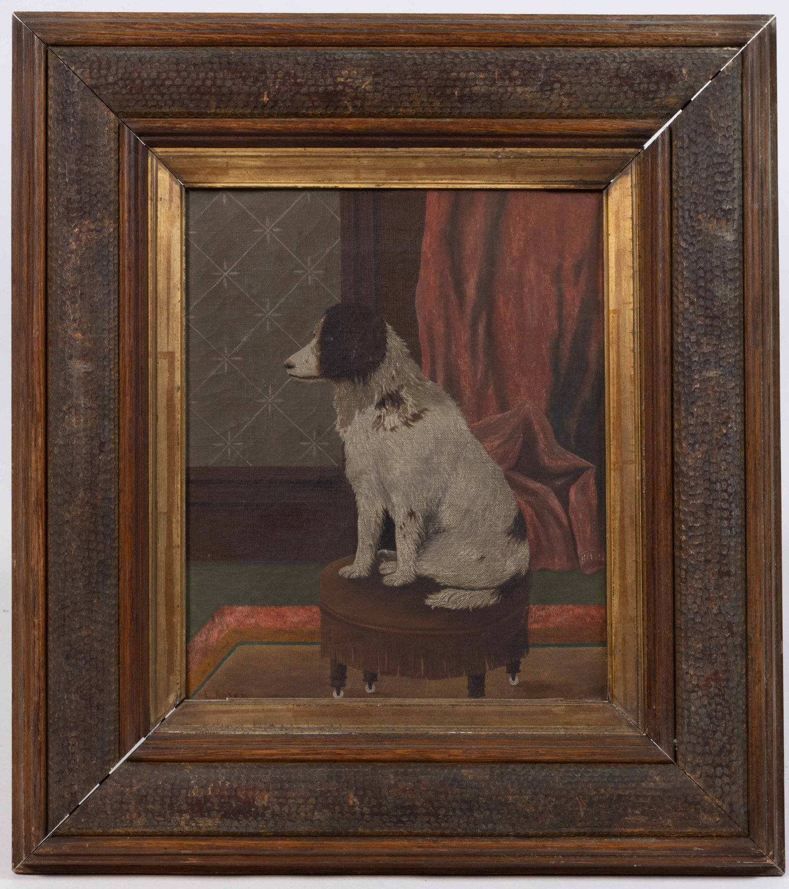 AMERICAN SCHOOL (19TH/20TH CENTURY) PORTRAIT OF A DOG: AMERICAN SCHOOL (19TH/20TH CENTURY) PORTRAIT OF A DOG, oil on canvas, depicting a very obedient pup sitting on a Victorian stool with fringe in a detailed Victorian interior featuring paint-decorated 
