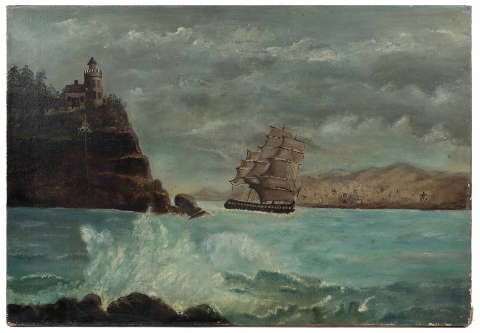 AMERICAN SCHOOL (19TH CENTURY) SEASCAPE PAINTING: AMERICAN SCHOOL (19TH CENTURY) SEASCAPE PAINTING, oil on canvas, a folk art depiction of a large ship on rough waters nearing the rocky cliffs with a lighthouse above, a town is shown on the bank