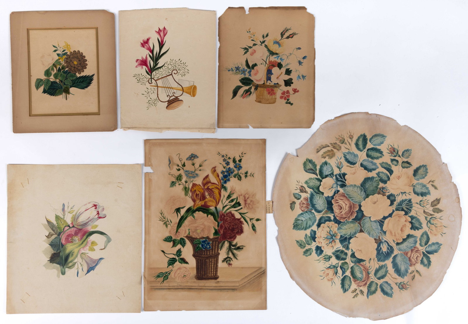 MARYLAND AND OTHER AMERICAN SCHOOLGIRL FOLK ART THEOREM PAINTINGS, LOT OF SIX: MARYLAND AND OTHER AMERICAN SCHOOLGIRL FOLK ART THEOREM PAINTINGS, LOT OF SIX, watercolor on paper, including one depicting a floral bouquet in a basket vase being signed and dated in lower right, &qu