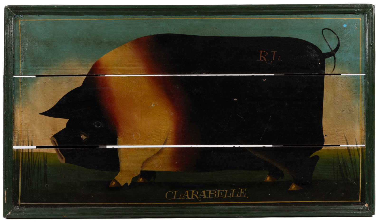 VINTAGE FOLK ART "CLARABELLE" ARTIST SIGNED PIG PAINTING ON WOOD: VINTAGE FOLK ART "CLARABELLE" ARTIST SIGNED PIG PAINTING ON WOOD, green ground painted over a previous bright blue, pig with vibrant colors in black with red stripe, possibly depicting 