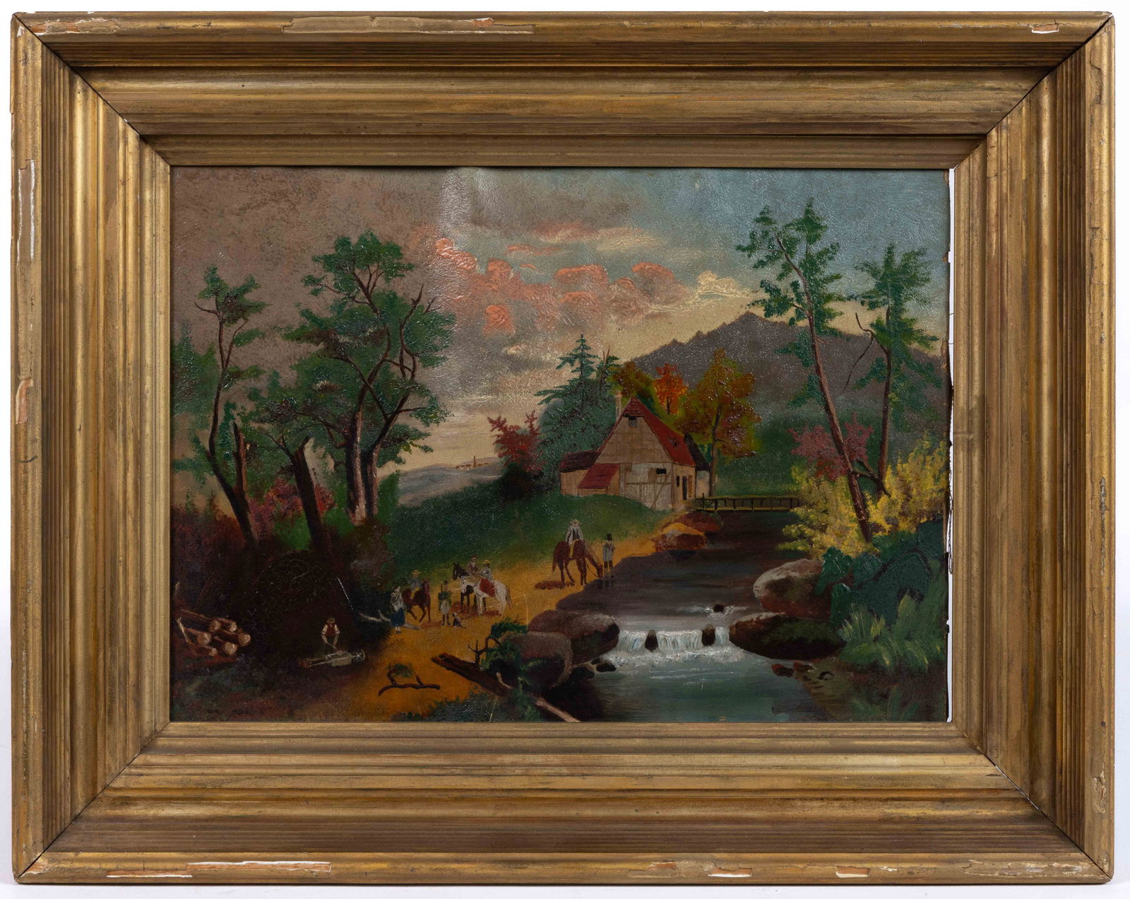 AMERICAN SCHOOL (19TH CENTURY) FOLK ART LANDSCAPE PAINTING: AMERICAN SCHOOL (19TH CENTURY) FOLK ART LANDSCAPE PAINTING, oil on canvas or linen mounted to panel, depicting a riverside scene with a cabin-like structure on the bank, figures in the foreground incl