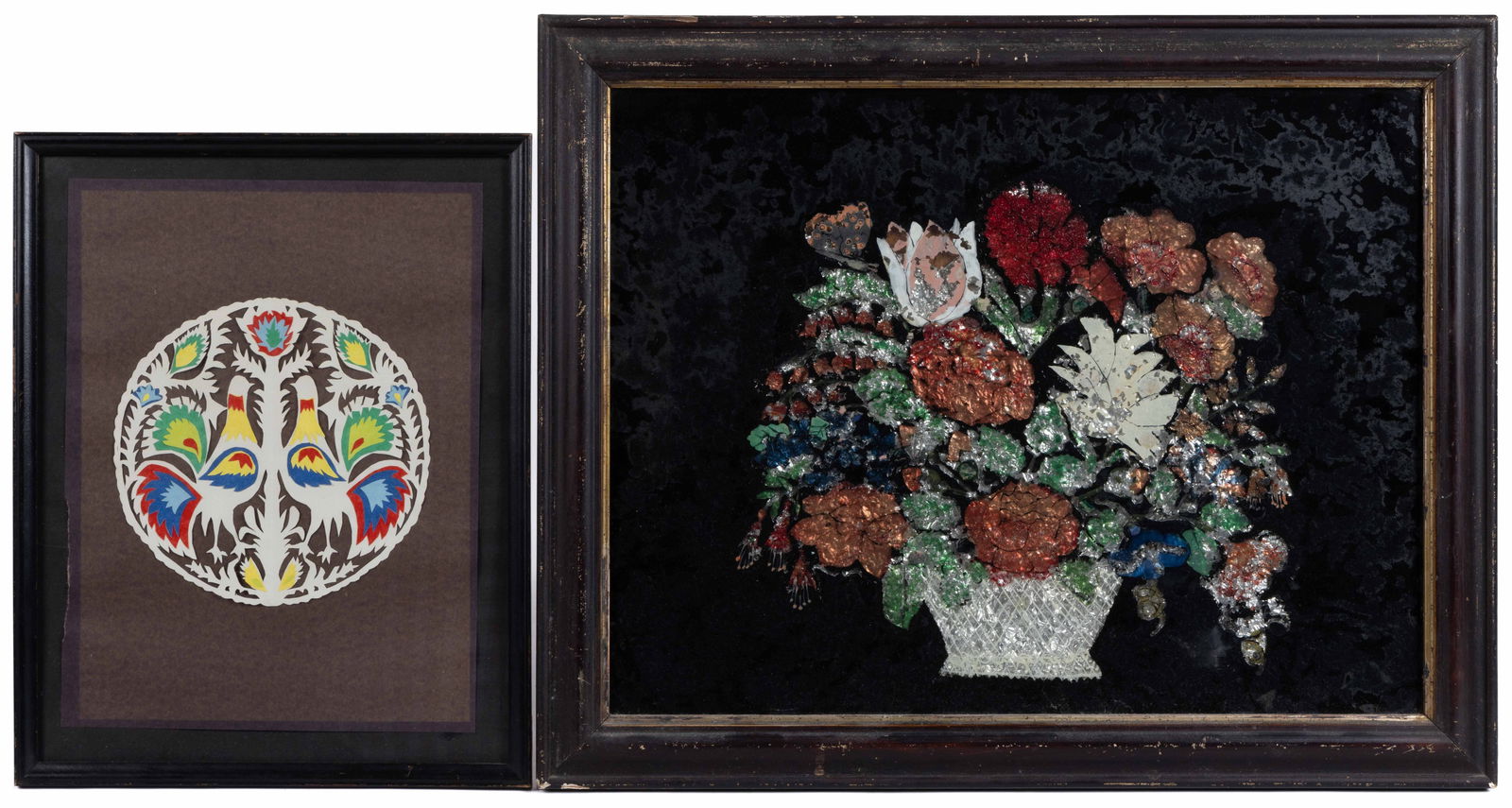 AMERICAN FOLK ART REVERSE-PAINTING ON GLASS: AMERICAN FOLK ART REVERSE-PAINTING ON GLASS, oil on glass, depicting a floral arrangement in a basket with a moth/butterfly, the whole backed with foil, housed in its original frame. Together with a c