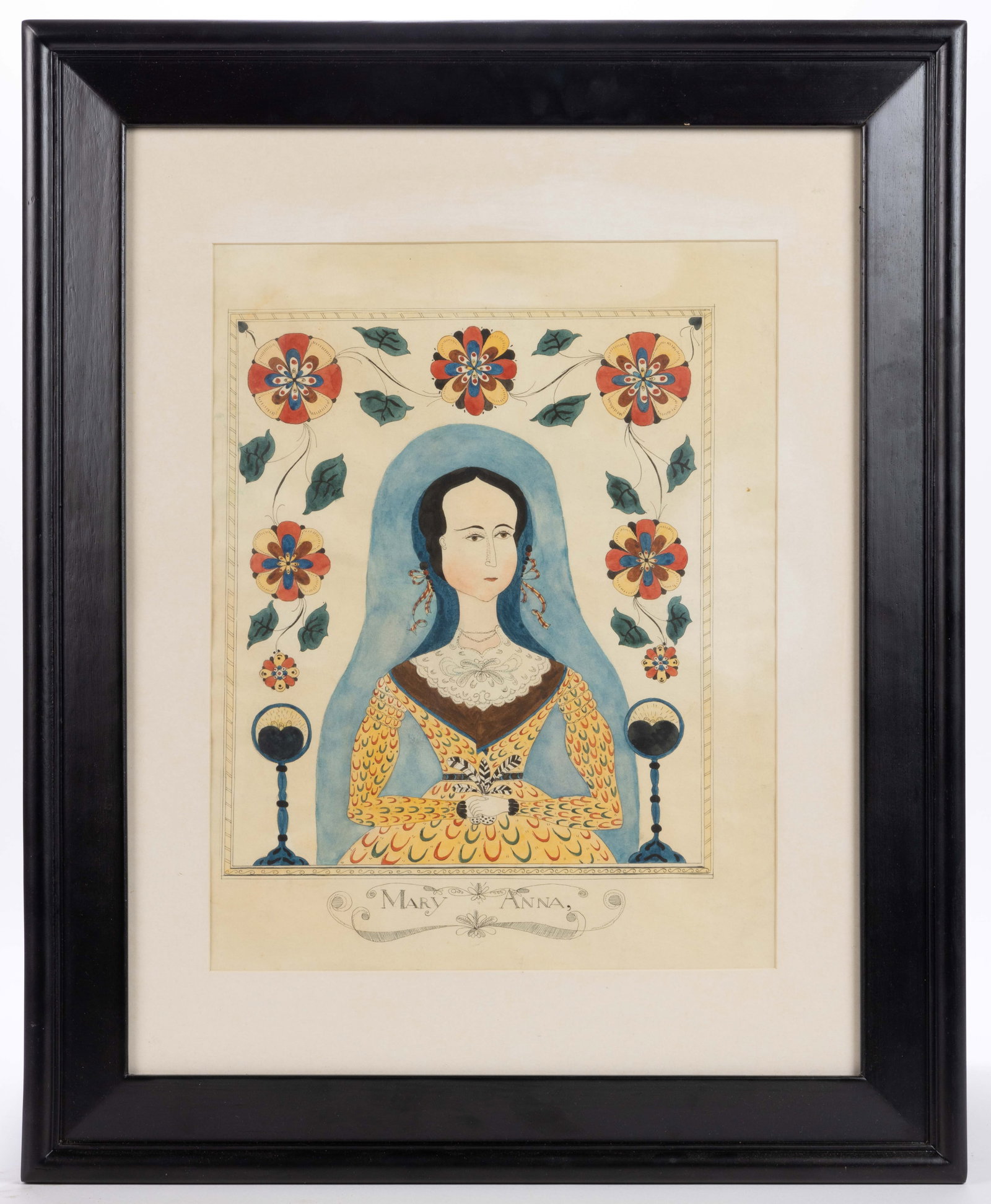 CONTEMPORARY AMERICAN SCHOOL (20TH / 21ST CENTURY) FOLK ART PORTRAIT OF A WOMAN: CONTEMPORARY AMERICAN SCHOOL (20TH / 21ST CENTURY) FOLK ART PORTRAIT OF A WOMAN, watercolor and pen on paper, a whimsical composition executed in detail, featuring a stylized, slender woman in Classic