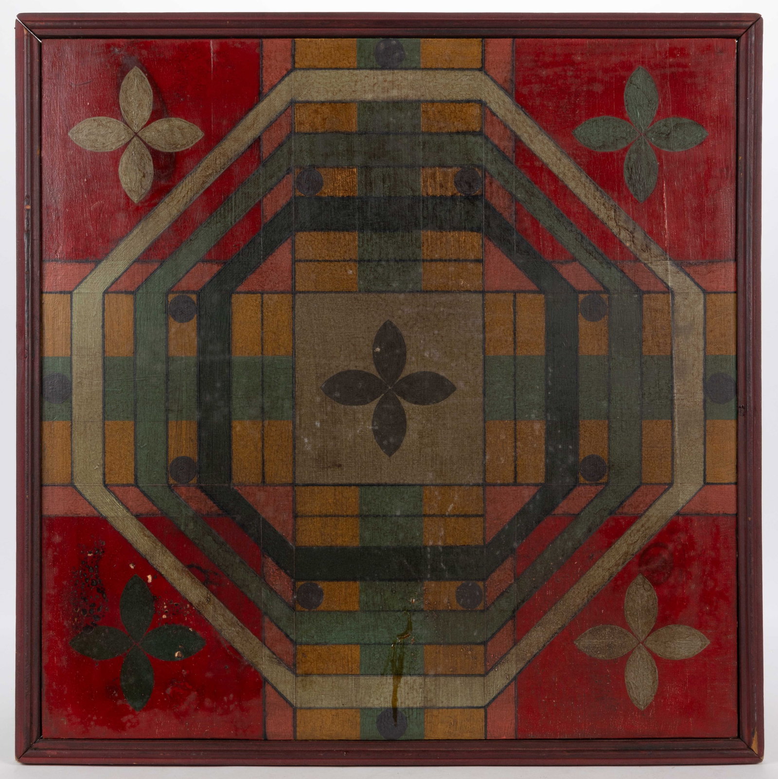 AMERICAN FOLK ART PAINT-DECORATED GAME BOARD: AMERICAN FOLK ART PAINT-DECORATED GAME BOARD, of double-sided square form, featuring one side with checkerboard, other with Parcheesi board. Retains a vibrant paint-decorated surface. Housed in a