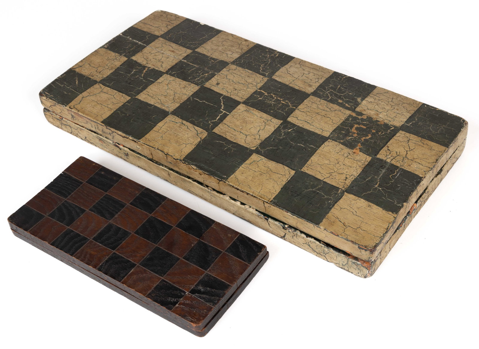 AMERICAN FOLK ART PAINTED WOODEN FOLDING GAMEBOARDS, LOT OF TWO: AMERICAN FOLK ART PAINTED WOODEN FOLDING GAMEBOARDS, LOT OF TWO, each retaining likely original surface. Late 19th/early 20th century. Larger example 17" SQ.