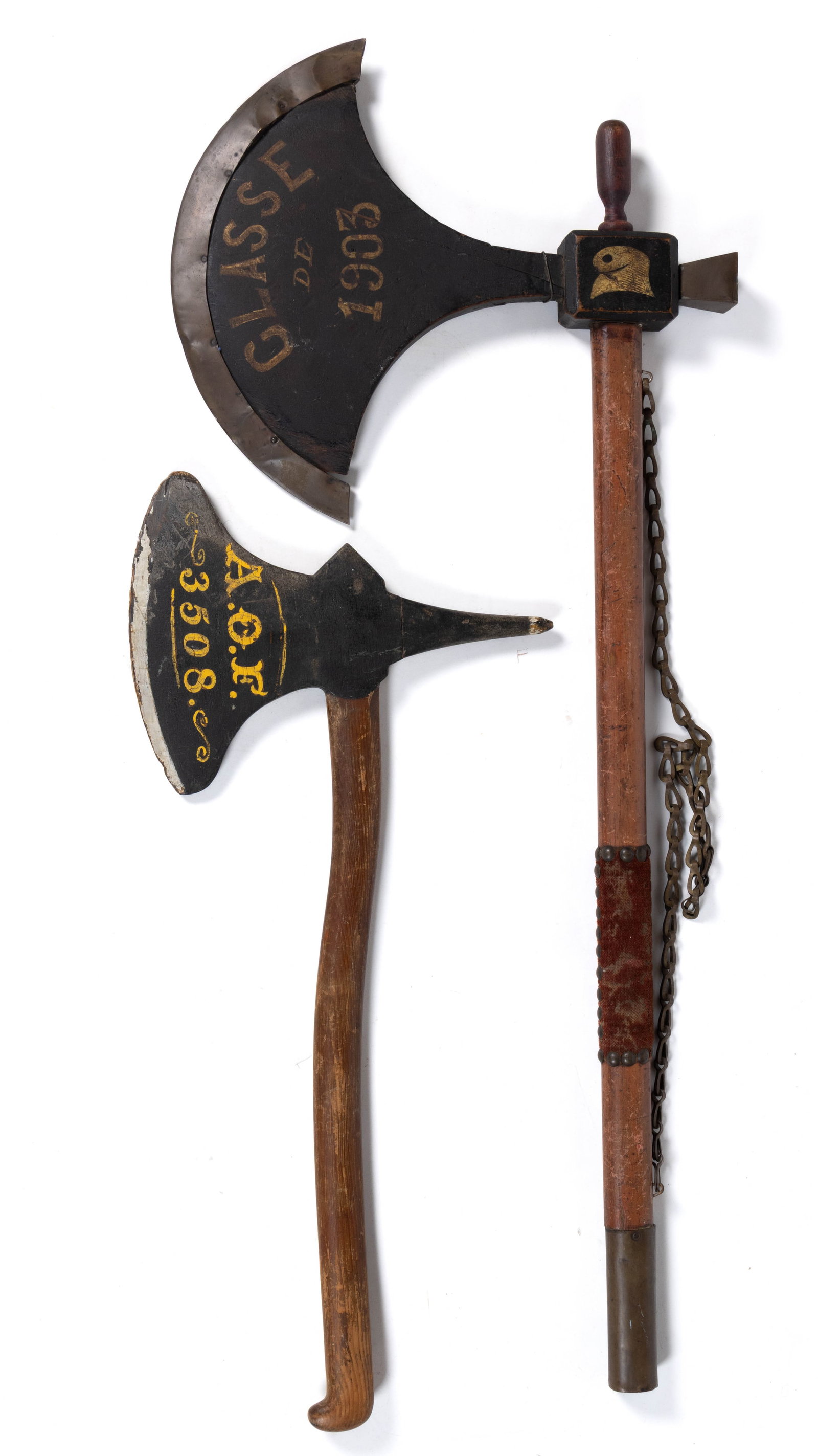 FOLK ART PAINTED WOODEN FRATERNAL AXES, LOT OF TWO: FOLK ART PAINTED WOODEN FRATERNAL AXES, LOT OF TWO, one marked "AOF / 3508", the other, likely French-Canadian, dated "1903", retaining period hanging chain. Each retaining likely 