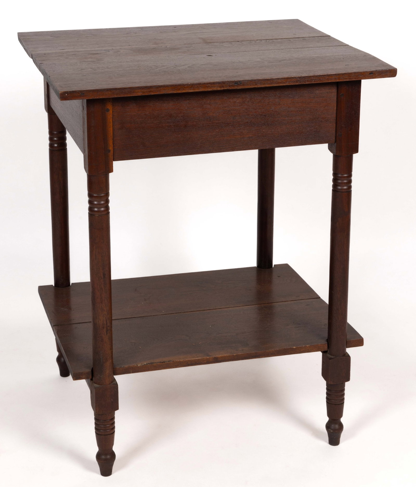 ROCKINGHAM CO., SHENANDOAH VALLEY OF VIRGINIA LATE FEDERAL WALNUT STAND TABLE: ROCKINGHAM CO., SHENANDOAH VALLEY OF VIRGINIA LATE FEDERAL WALNUT STAND TABLE, the three-board top over a plain apron raised on turned legs joined with lower shelf, retaining an old surface with 