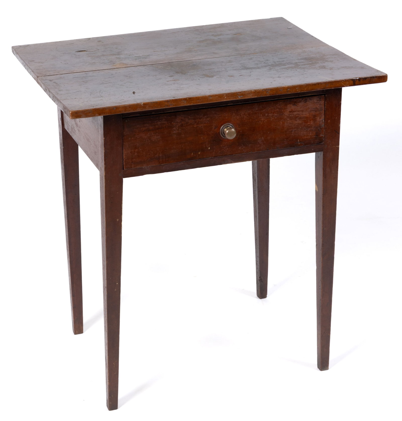 SHENANDOAH VALLEY OF VIRGINIA FEDERAL CHERRY STAND TABLE: SHENANDOAH VALLEY OF VIRGINIA FEDERAL CHERRY STAND TABLE, with two-board top, single drawer, and square-tapered legs. Poplar secondary wood. Retaining possibly original surface. First quarter 19t