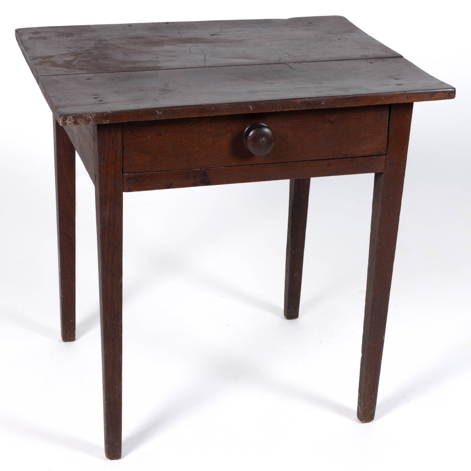 VIRGINIA FEDERAL WALNUT STAND TABLE: VIRGINIA FEDERAL WALNUT STAND TABLE, with two-board top, single drawer, and square-tapered legs. Yellow pine secondary wood. Retaining possibly original surface. First quarter 19th cent