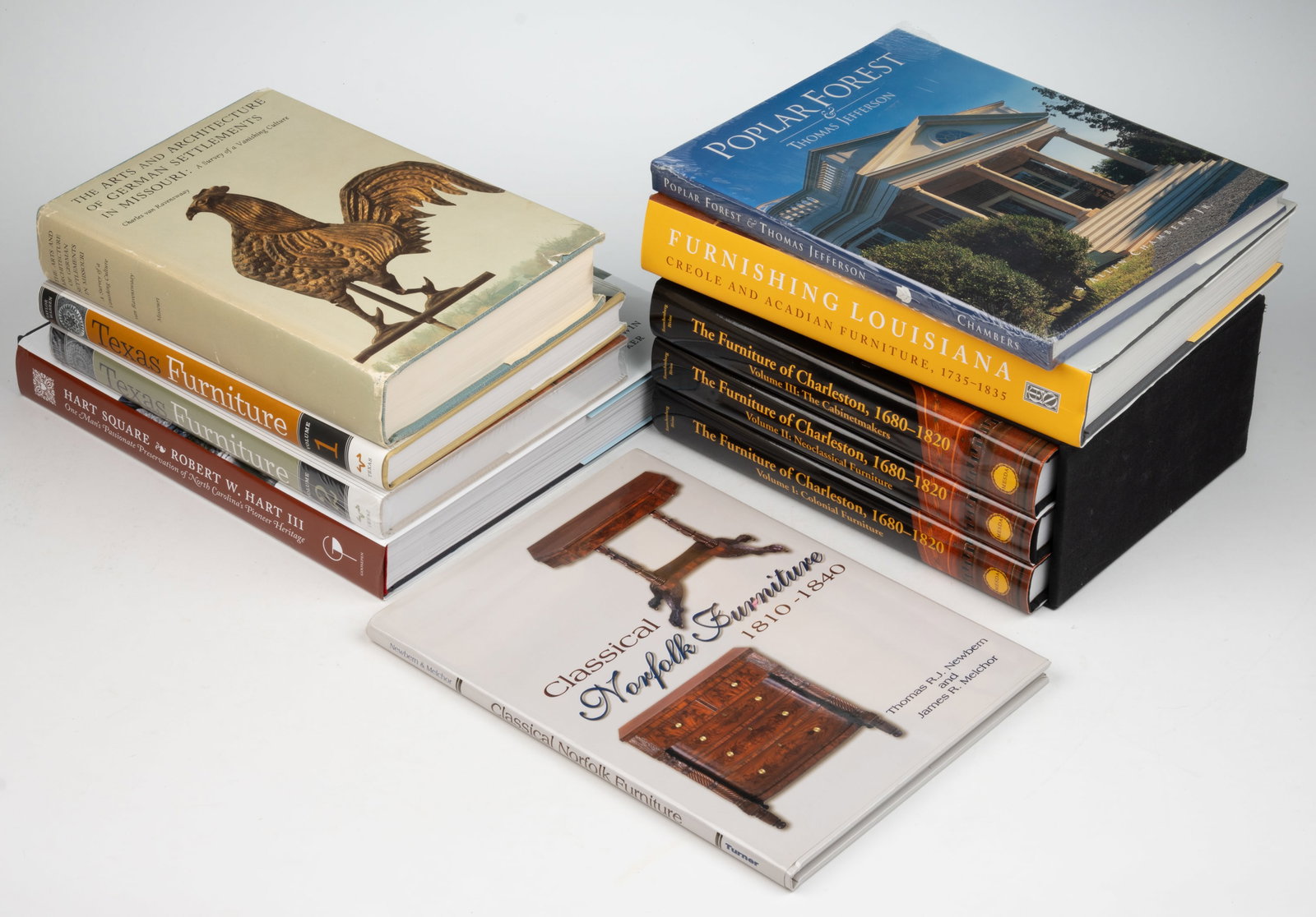 SOUTHERN FURNITURE AND ARCHITECTURE REFERENCE VOLUMES, LOT OF TEN: SOUTHERN FURNITURE AND ARCHITECTURE REFERENCE VOLUMES, LOT OF TEN, including Rauschenberg/Bivins, The Furniture of Charleston, 1680-1820, three-volume set in slipcase; Holden et al., Fu