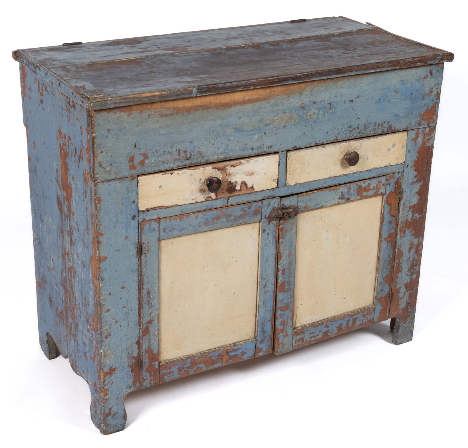 MID-ATLANTIC PAINTED POPLAR DRYSINK: MID-ATLANTIC PAINTED POPLAR DRYSINK, lift-top with zinc-lined interior, two short drawers, and two hinged cabinet doors concealing single fixed shelf, retaining old blue-and-white surface. Third quart