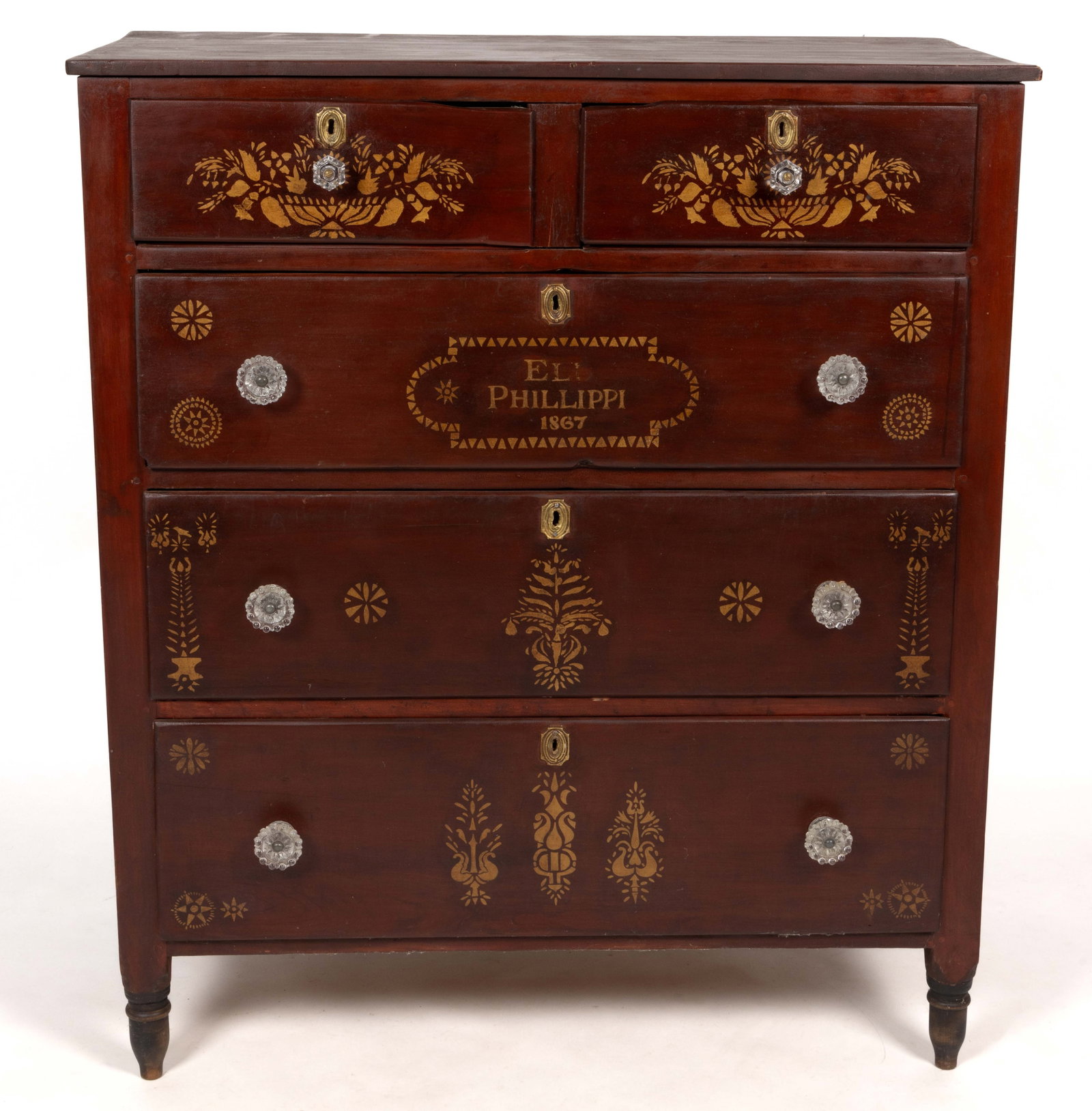 JACOB KNAGY (1796-1883, SOMERSET CO., PENNSYLVANIA), ATTRIBUTED, PAINT-DECORATED POPLAR CHEST OF: JACOB KNAGY (1796-1883, SOMERSET CO., PENNSYLVANIA), ATTRIBUTED, PAINT-DECORATED POPLAR CHEST OF DRAWERS, associated with the Soap Hollow school, featuring two over three thumb-molded drawers, pa