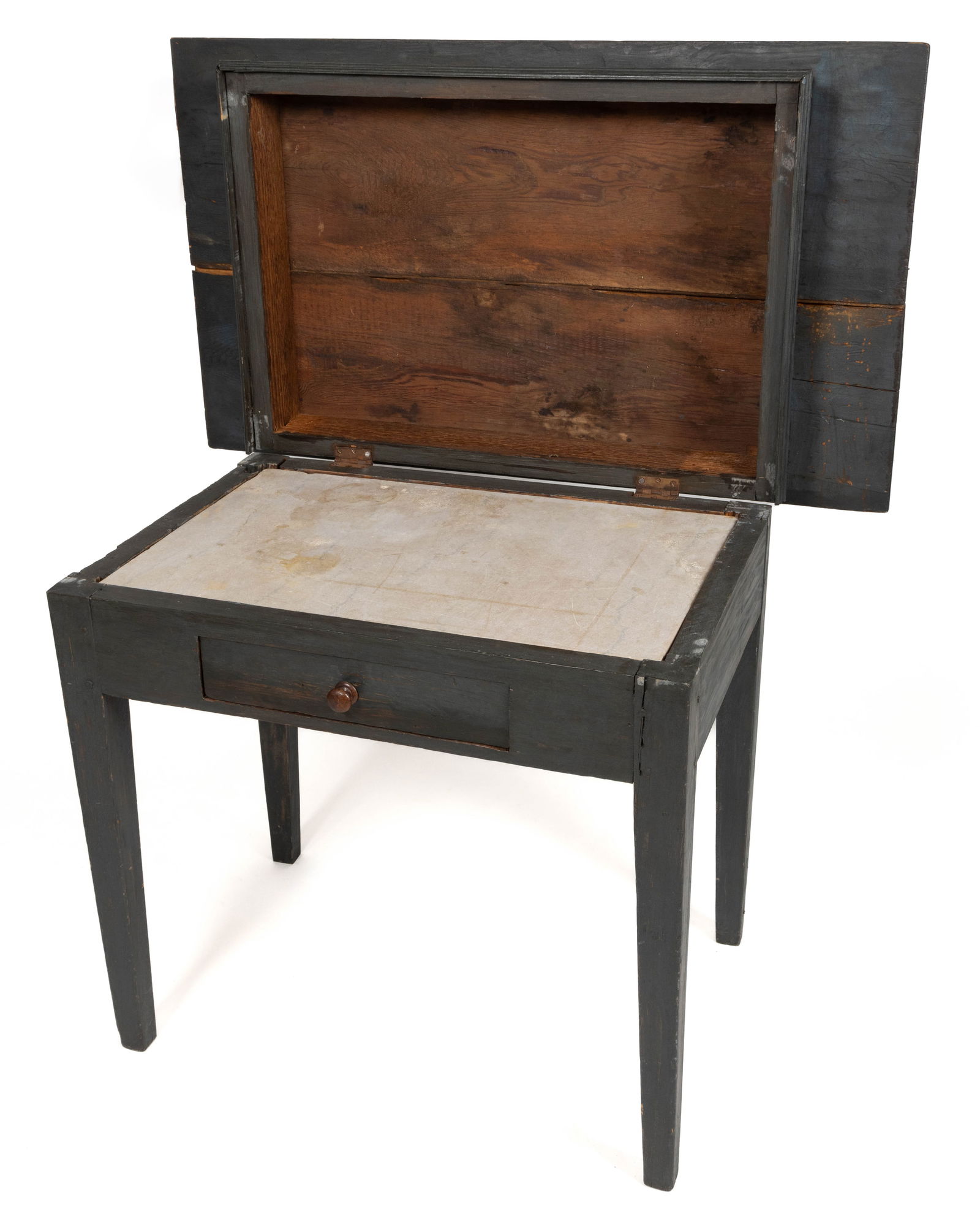 COUNTRY PAINTED YELLOW PINE BISCUIT TABLE: COUNTRY PAINTED YELLOW PINE BISCUIT TABLE, the hinged lid concealing a stone mixing slab above a single drawer all raised on square-tapered legs. Retaining a green-painted surface. Constructed of old