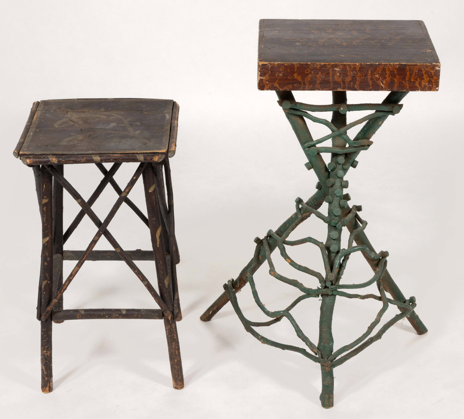 AMERICAN RUSTIC FOLK ART PAINT-DECORATED TWIG STANDS, LOT OF TWO: AMERICAN RUSTIC FOLK ART PAINT-DECORATED TWIG STANDS, LOT OF TWO, each retaining likely original surface, one example with sponge-decorated top. First half 20th century. Taller example 28 1/2" H,
