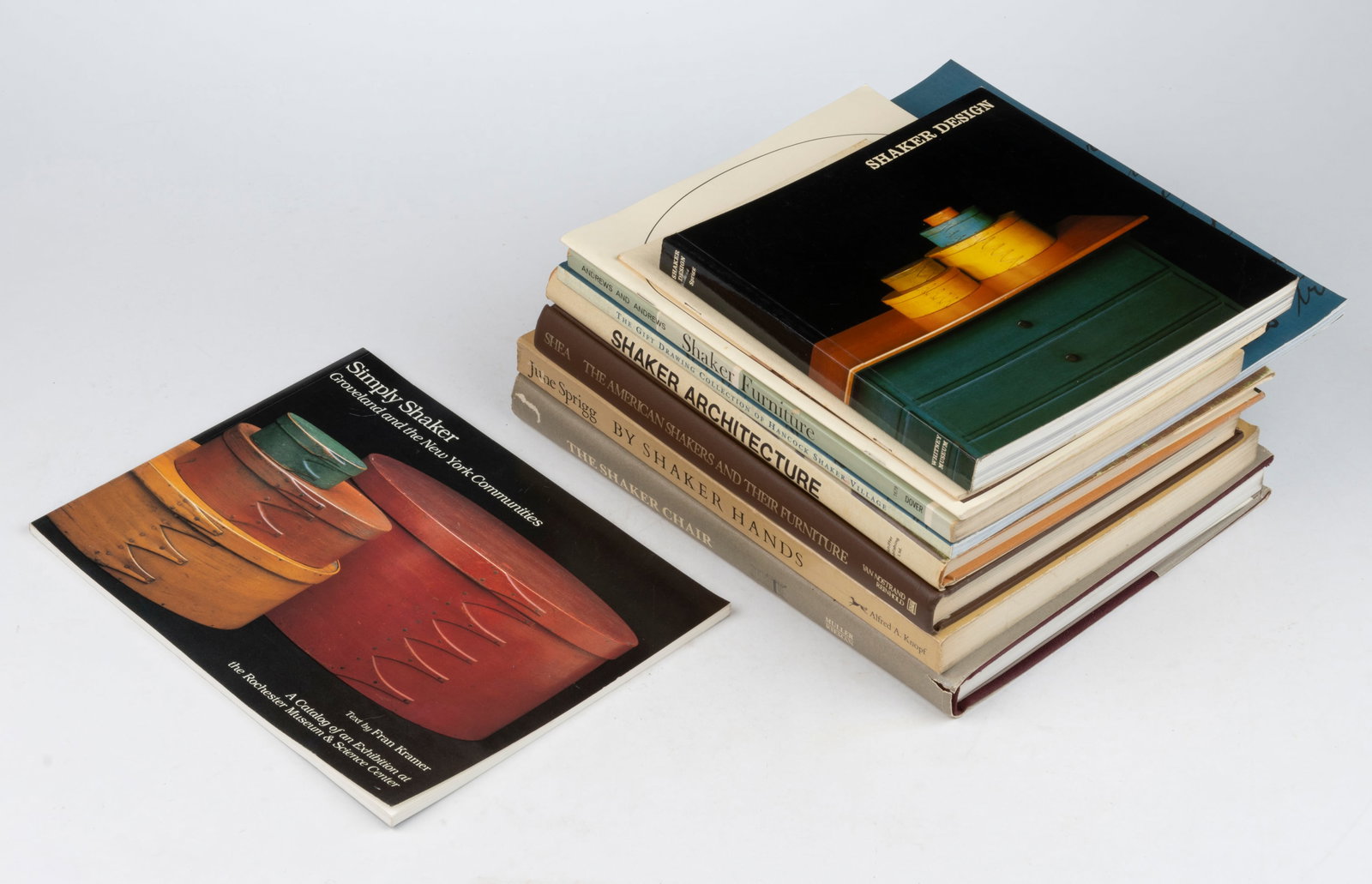SHAKER ARCHITECTURE AND DECORATIVE ARTS REFERENCE VOLUMES, LOT OF TEN: SHAKER ARCHITECTURE AND DECORATIVE ARTS REFERENCE VOLUMES, LOT OF TEN, including Muller/Reiman, The Shaker Chair; and Koomler, Seen and Received: The Shakers' Private Art. Hard
