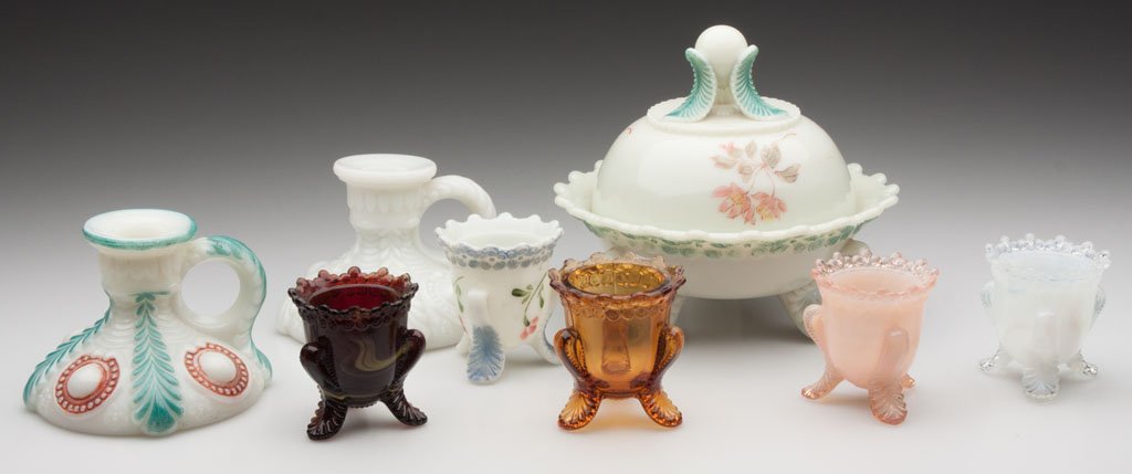 VERMONT AND VARIANT ARTICLES, LOT OF EIGHT: VERMONT AND VARIANT ARTICLES, LOT OF EIGHT, custard, opaque white and various colors, including a butter dish and toothpick holder with floral decoration. Opaque pieces late 19th/early 20th century, c