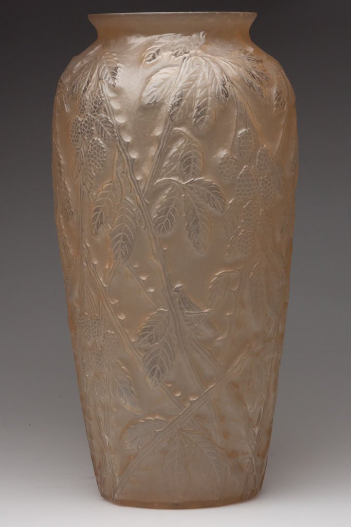 CONSOLIDATED BLACKBERRY UMBRELLA VASE: CONSOLIDATED BLACKBERRY UMBRELLA VASE, amber wash, factory ground rim. Consolidated Lamp and Glass Co. Second quarter 20th century. 18" H. Provenance: From the collection of Betty Jane Renn, Sunbury, 