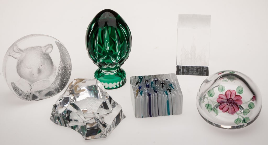 ASSORTED GLASS PAPERWEIGHTS, LOT OF SIX: ASSORTED GLASS PAPERWEIGHTS, LOT OF SIX, including Waterford, Whitefriars, Val St. Lambert, Mats Jonasson, and Oreffors. Fourth quarter 20th to early 21st century. 1 3/4" to 4 1/2" H. Provenance: Coll