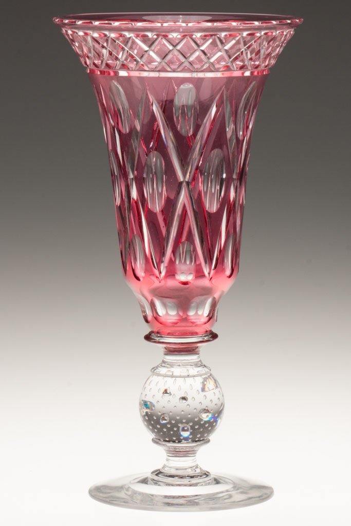 PAIRPOINT "ADELAIDE" CUT OVERLAY VASE: PAIRPOINT "ADELAIDE" CUT OVERLAY VASE, rose to colorless, shape #B-1485, controlled bubble-ball stem, polished pontil mark. Pairpoint Glass Co. Second quarter 20th century. 12 3/4" H. Provenance: Coll
