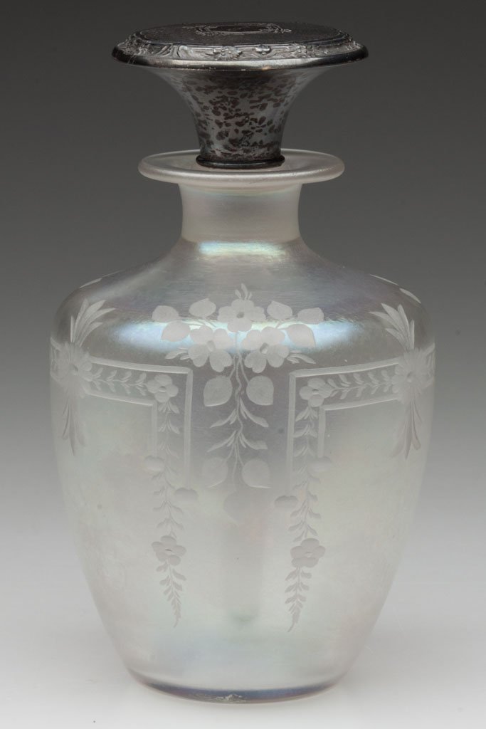 HAWKES ENGRAVED COLOGNE BOTTLE: HAWKES ENGRAVED COLOGNE BOTTLE, Verre-de-Soie, original numbered stopper with sterling silver top and long dauber, polished pontil mark with Hawkes acid stamp. Bottle possibly by Steuben Glass Works. 