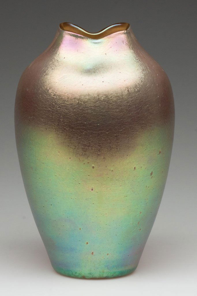 LOETZ BRONCE VASE: LOETZ BRONCE VASE, gold iridescent, pinched square rim, polished pontil mark. Late 19th/early 20th century. 7 1/4" H. Provenance: Collection of Virginia & Vladimir Weiss, Audubon, PA.