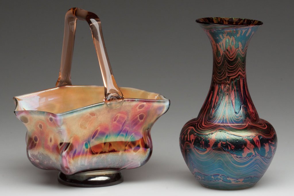 CZECHOSLOVAKIA ART GLASS ARTICLES, LOT OF TWO: CZECHOSLOVAKIA ART GLASS ARTICLES, LOT OF TWO, comprising a basket with tortoise shell-type decoration and acid stamped mark around the polished pontil mark, and a green vase with blood red paisley-st