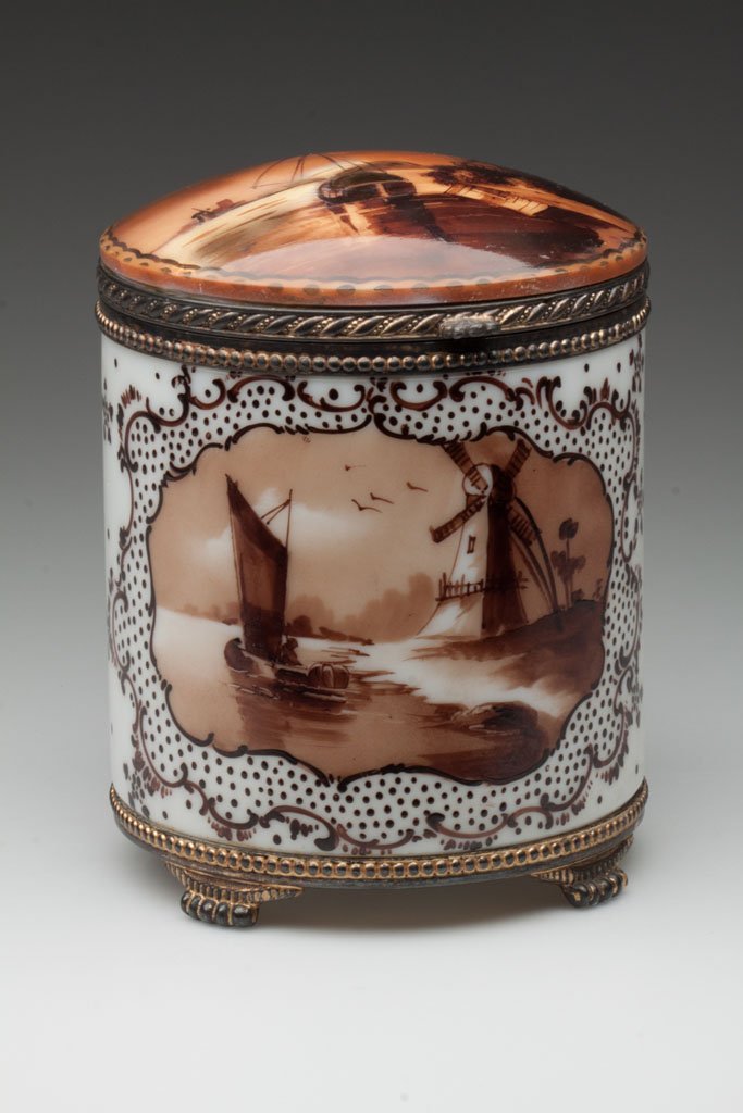 MT. WASHINGTON "VAN DYKE" HUMIDOR: MT. WASHINGTON "VAN DYKE" HUMIDOR, opal, nautical and windmill polychrome decoration on hinged lid and body, underside marked "2679/90 VAN DYKE", gilded mountings marked on base "Pairpoint", interior 