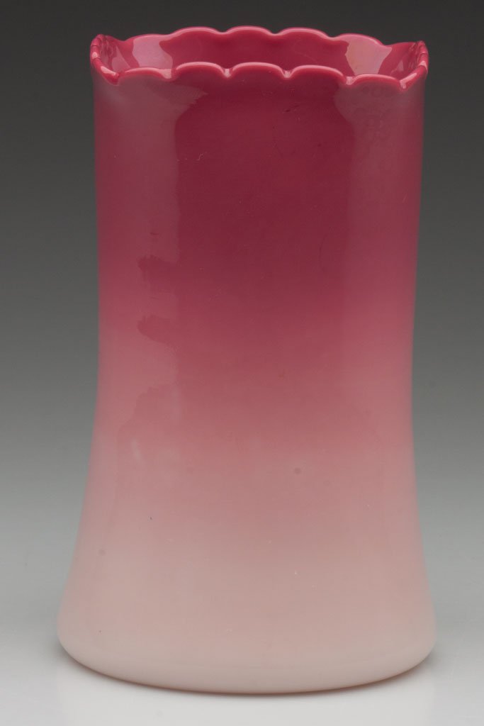 NEW ENGLAND PEACHBLOW CELERY VASE: NEW ENGLAND PEACHBLOW CELERY VASE, with a square, scalloped rim and polished pontil mark and base. New England Glass Co. Fourth quarter 19th century. 6 1/4" H, 3 3/8" SQ rim. Literature: Billings - Pe