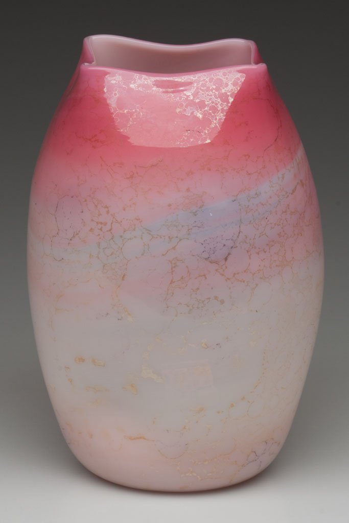 LABELED NEW ENGLAND AGATA VASE: LABELED NEW ENGLAND AGATA VASE, swirling pink to white opalescent with amber staining, ovoid form with pinched base and square rim, polished pontil mark with partial original paper label printed "NEGW