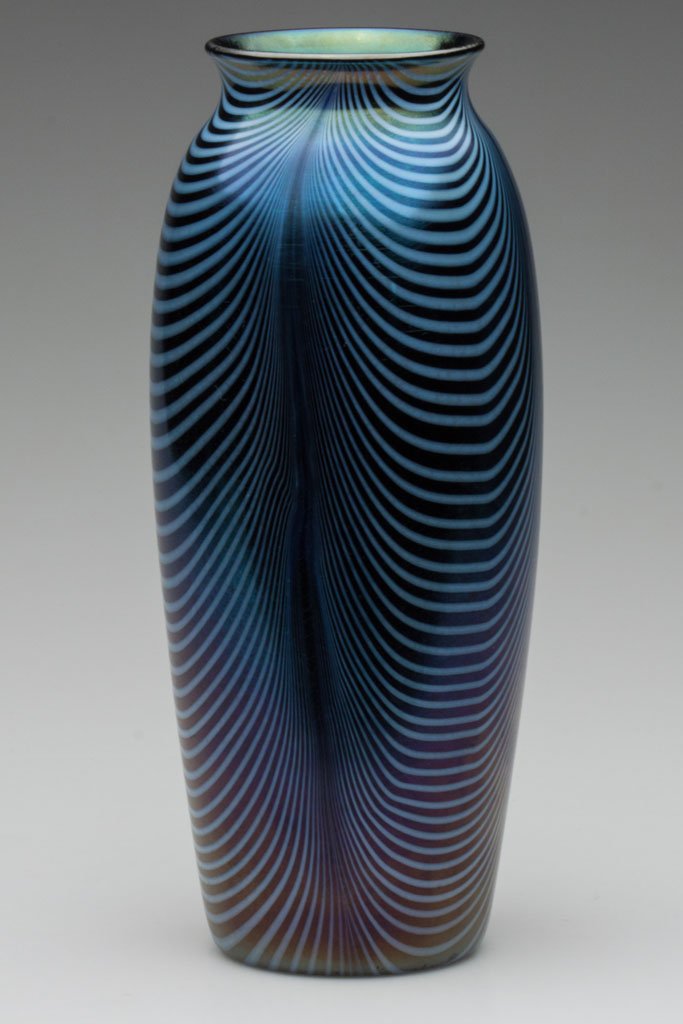 IMPERIAL DECORATED LEAD LUSTRE VASE: IMPERIAL DECORATED LEAD LUSTRE VASE, glossy deep (nearly opaque) cobalt with delicate opal drapes, blue interior, shape 418, decoration 12, polished pontil mark with original oval label inscribed "418