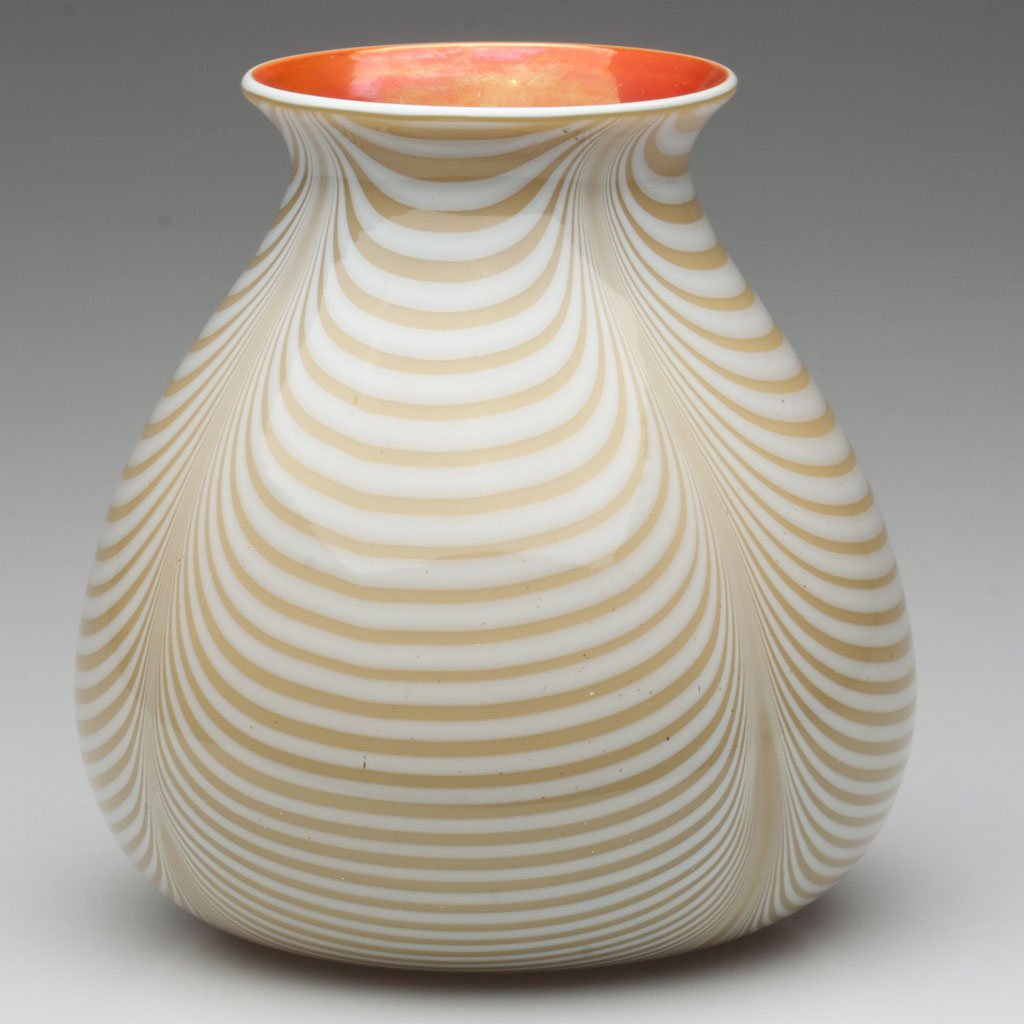 IMPERIAL DECORATED VASE: IMPERIAL DECORATED VASE, glossy ochre with delicate opal drapes, orange interior, unlisted shape, polished pontil mark. Imperial Glass Co. Circa 1925. 6 1/4" H. Literature: Parallels Measell - Imperia