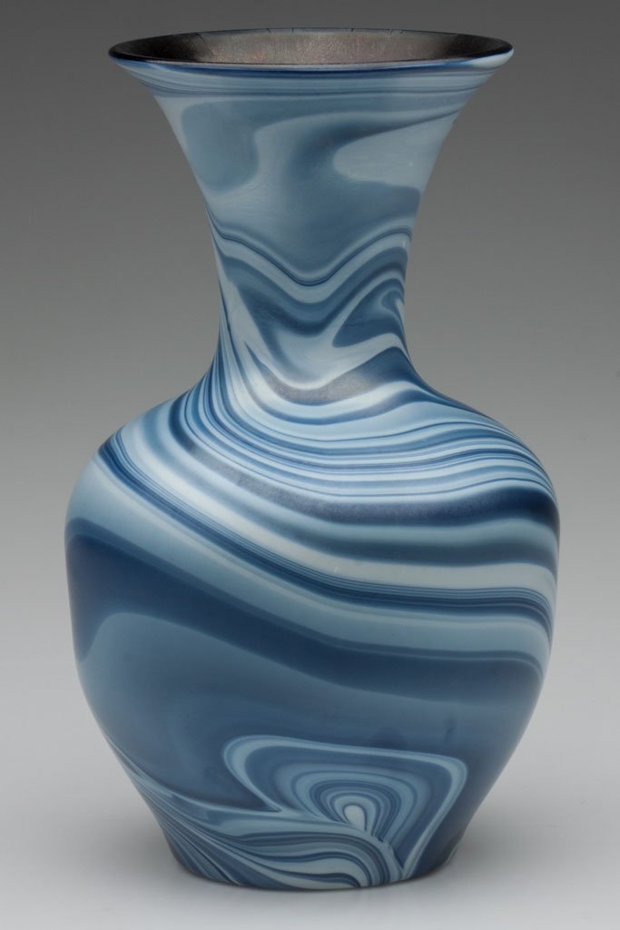 IMPERIAL DECORATED LEAD LUSTRE VASE: IMPERIAL DECORATED LEAD LUSTRE VASE, satin marbled medium to light blue, black interior, shape 415, decoration 11, polished pontil mark. Imperial Glass Co. Circa 1925. 9 3/4" H. Literature: Measell - 