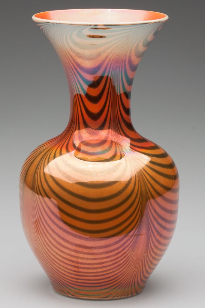 IMPERIAL DECORATED LEAD LUSTRE VASE: IMPERIAL DECORATED LEAD LUSTRE VASE, glossy orange with blue drapes, orange interior, shape 415, polished pontil mark. Imperial Glass Co. Circa 1925. 10" H. Literature: Parallels Measell - Imperial Gl