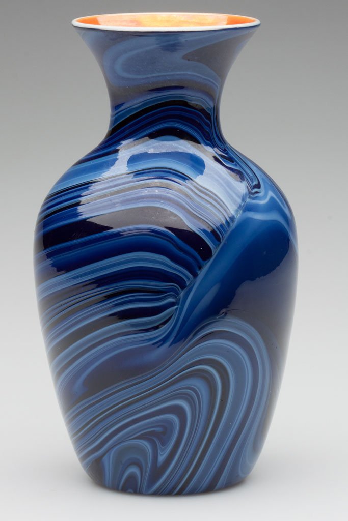 IMPERIAL DECORATED LEAD LUSTRE VASE: IMPERIAL DECORATED LEAD LUSTRE VASE, glossy marbled deep to medium blue, orange interior, shape 417, decoration 21, polished pontil mark with spurious Durand signature. Imperial Glass Co. Circa 1925. 