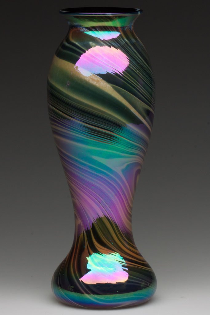 IMPERIAL DECORATED LEAD LUSTRE VASE: IMPERIAL DECORATED LEAD LUSTRE VASE, glossy iridescent marbled deep blue and opal, deep blue interior, shape 413, decoration 14, polished pontil mark. Imperial Glass Co. Circa 1925. 10 3/4" H. Literat